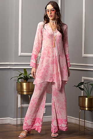 Blush Pink & Fuchsia Floral Printed Tunic Set by Sakshi Girri