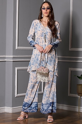 Beige & Cobalt Blue Floral Printed Tunic Set by Sakshi Girri