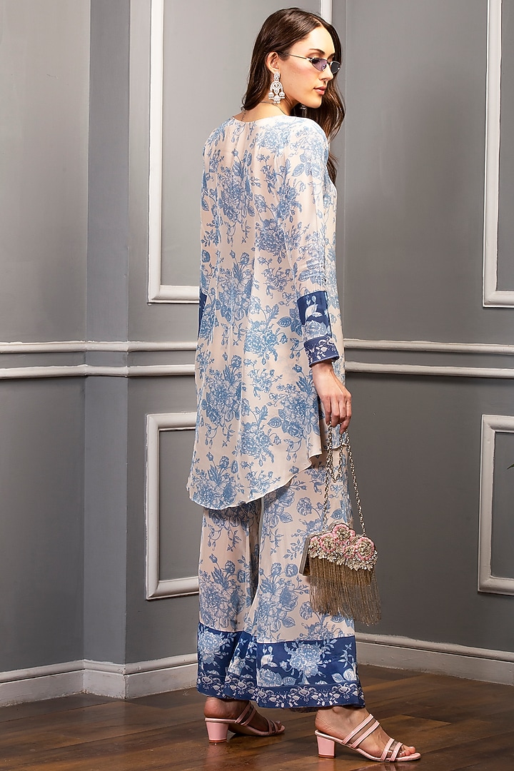 Beige & Cobalt Blue Floral Printed Tunic Set by Sakshi Girri at Pernia's Pop Up Shop