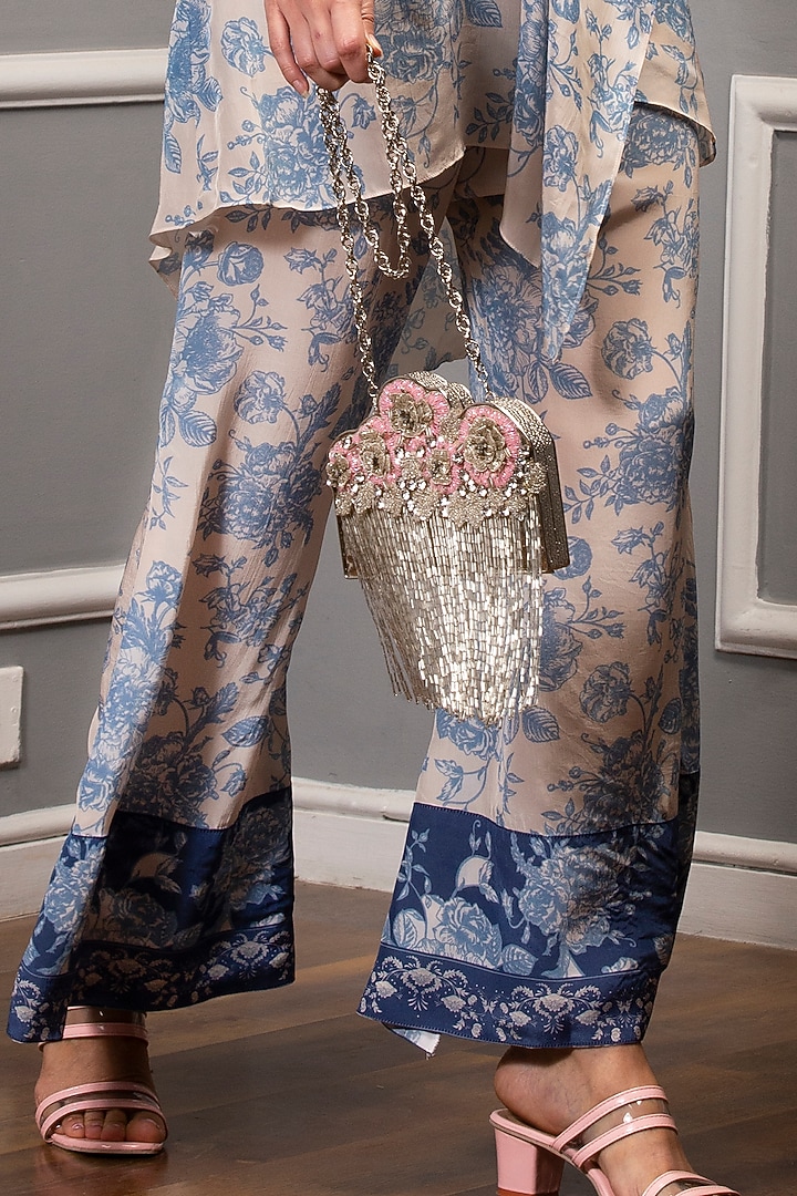 Beige & Cobalt Blue Floral Printed Tunic Set by Sakshi Girri at Pernia's Pop Up Shop