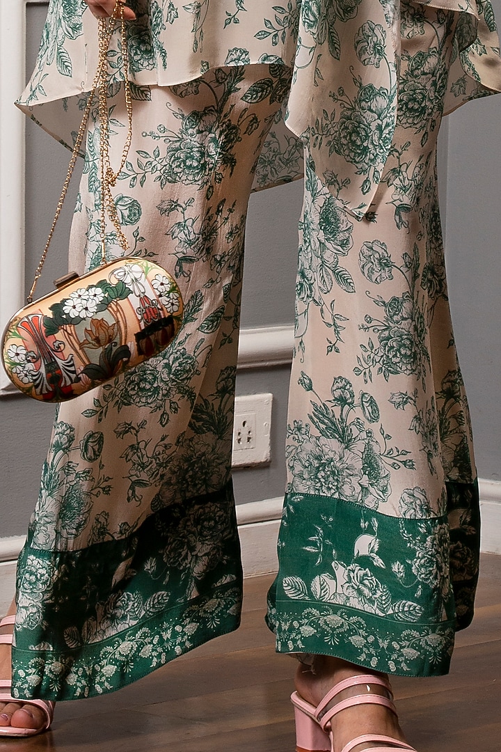 Beige & Deep Green Crepe Floral Printed Tunic Set by Sakshi Girri at Pernia's Pop Up Shop