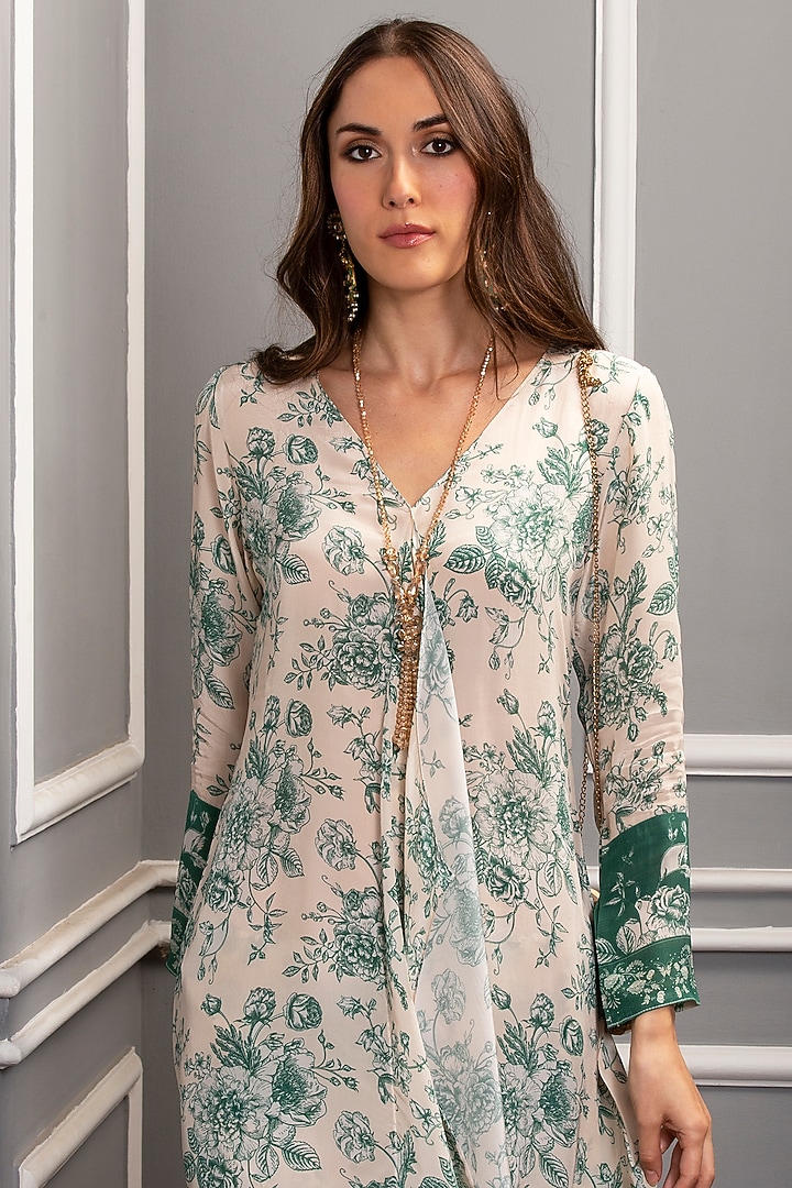 Beige & Deep Green Crepe Floral Printed Tunic Set by Sakshi Girri at Pernia's Pop Up Shop