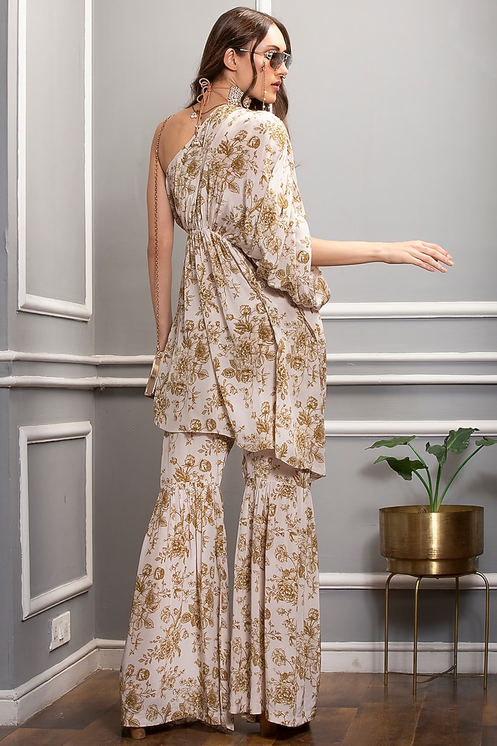 Ivory Crepe Floral Printed Party Wear Sharara Set by Sakshi Girri at Pernia's Pop Up Shop