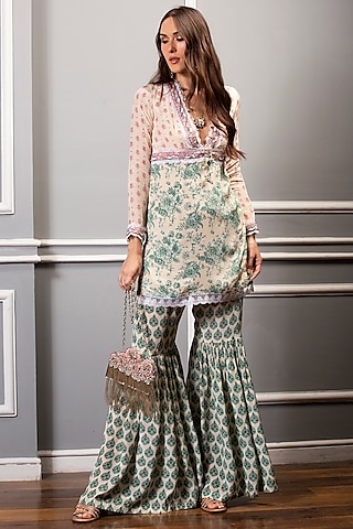 Beige & Green Crepe Floral Printed Sharara Set by Sakshi Girri