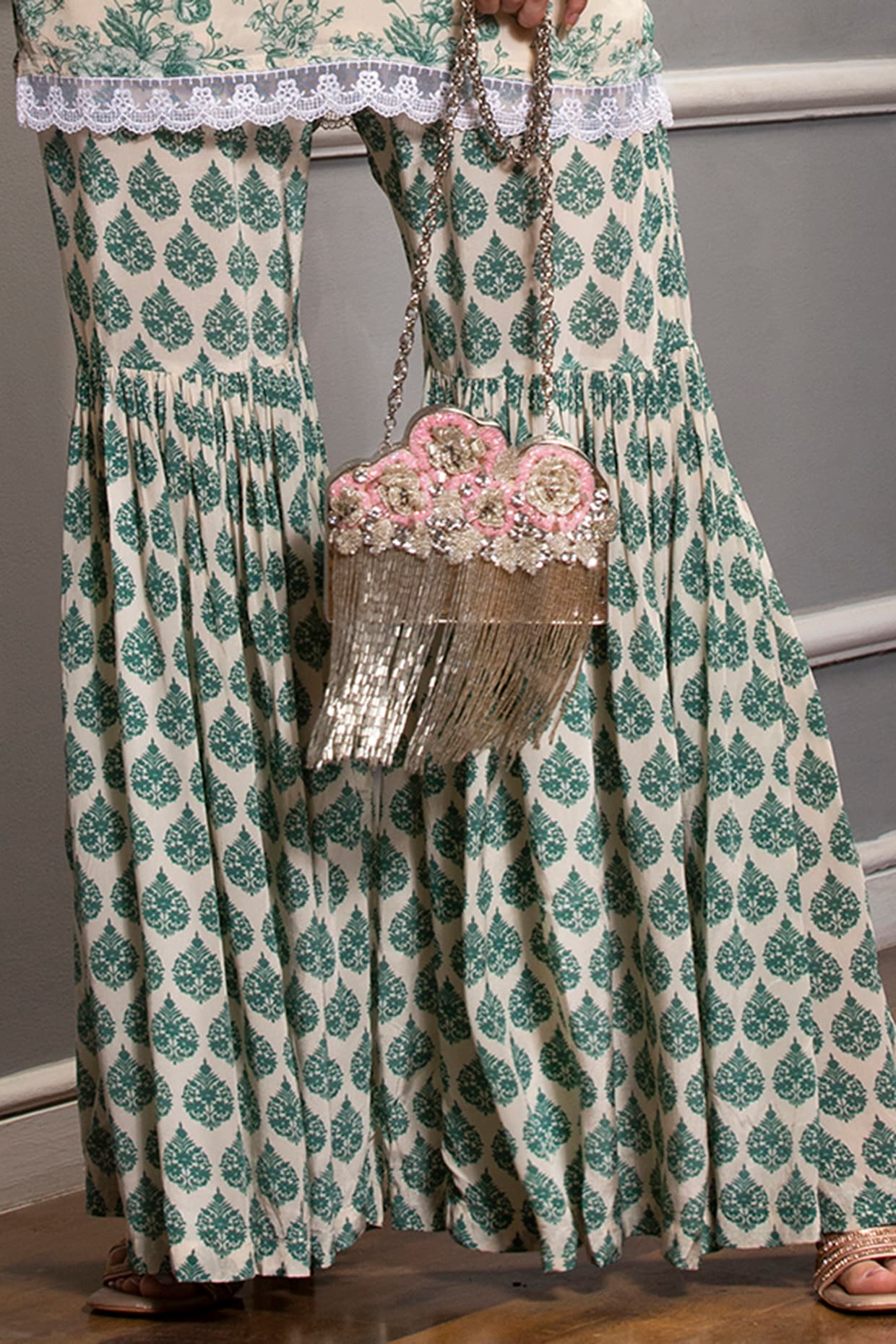 Beige  Green Floral Printed Sharara Set Design by Sakshi Girri at Pernias  Pop Up Shop 2023
