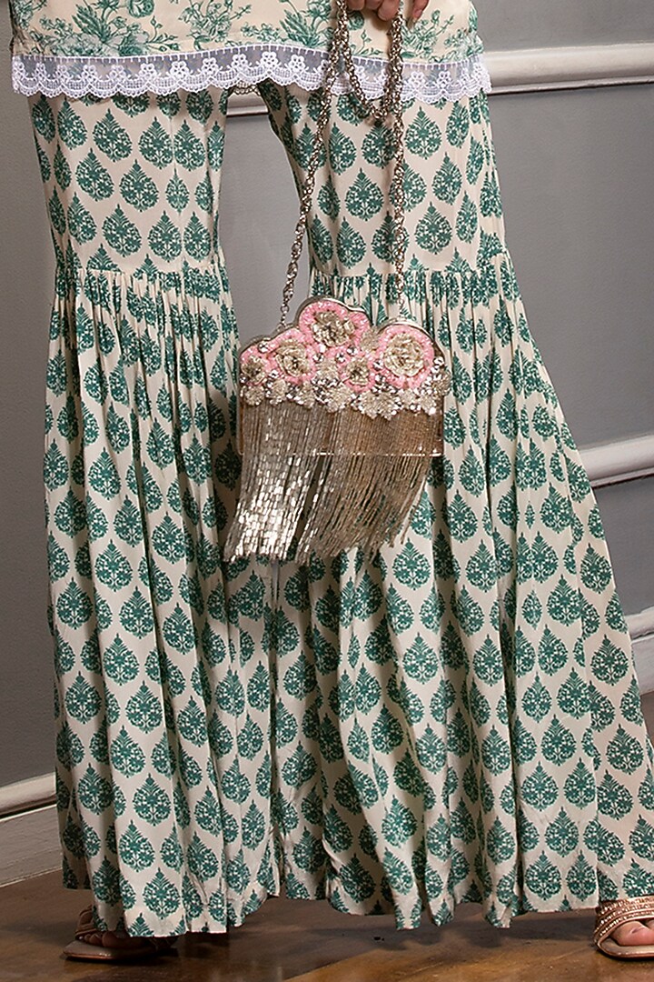 Beige & Green Crepe Floral Printed Party Wear Sharara Set by Sakshi Girri at Pernia's Pop Up Shop