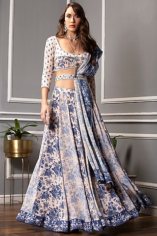 Beige & Cobalt Blue Floral Printed Lehenga Set by Sakshi Girri