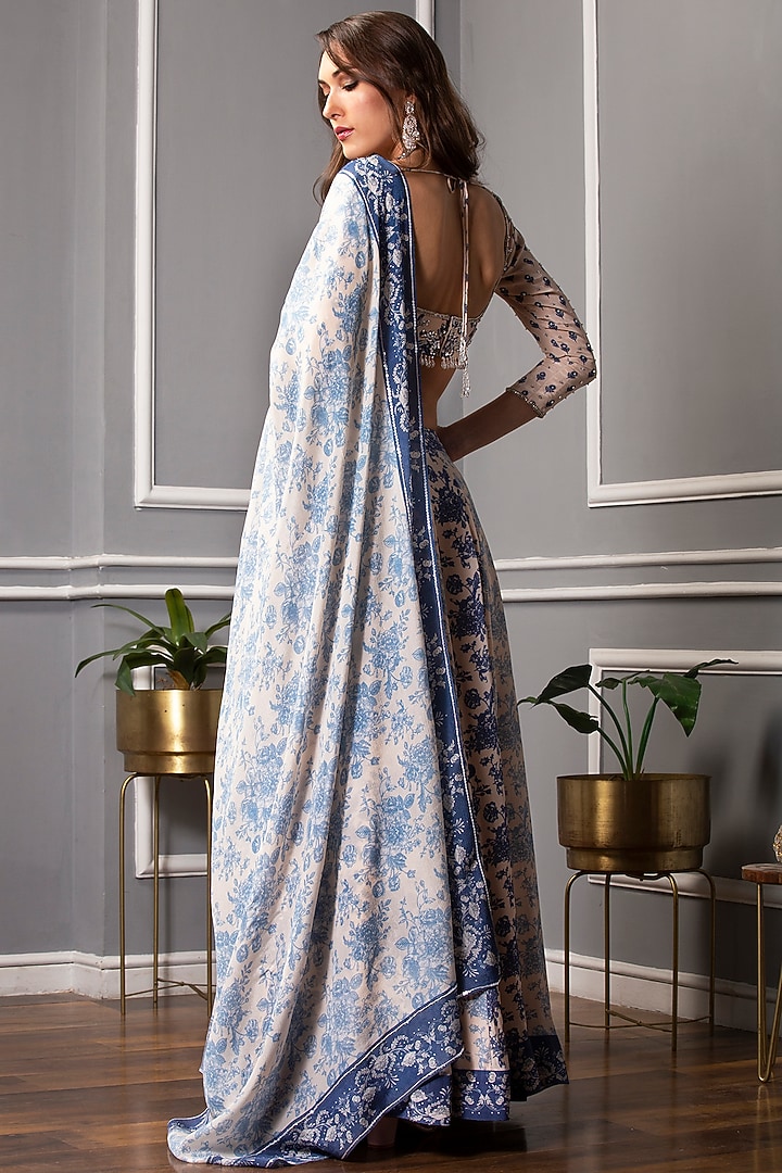 Beige & Cobalt Blue Floral Printed Wedding Lehenga Set by Sakshi Girri at Pernia's Pop Up Shop