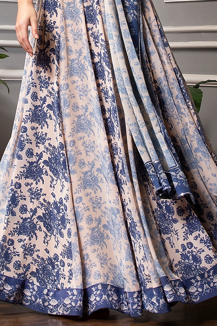 Beige & Cobalt Blue Floral Printed Wedding Lehenga Set by Sakshi Girri at Pernia's Pop Up Shop