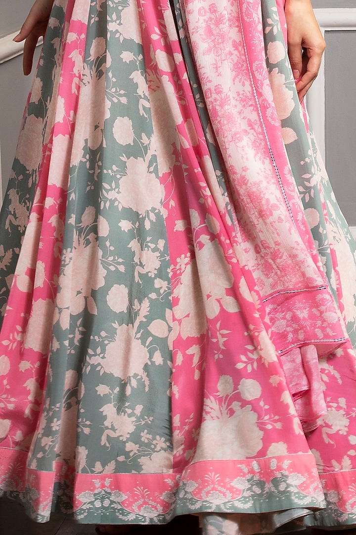 Bright Pink & Dull Teal Floral Printed Wedding Lehenga Set by Sakshi Girri at Pernia's Pop Up Shop