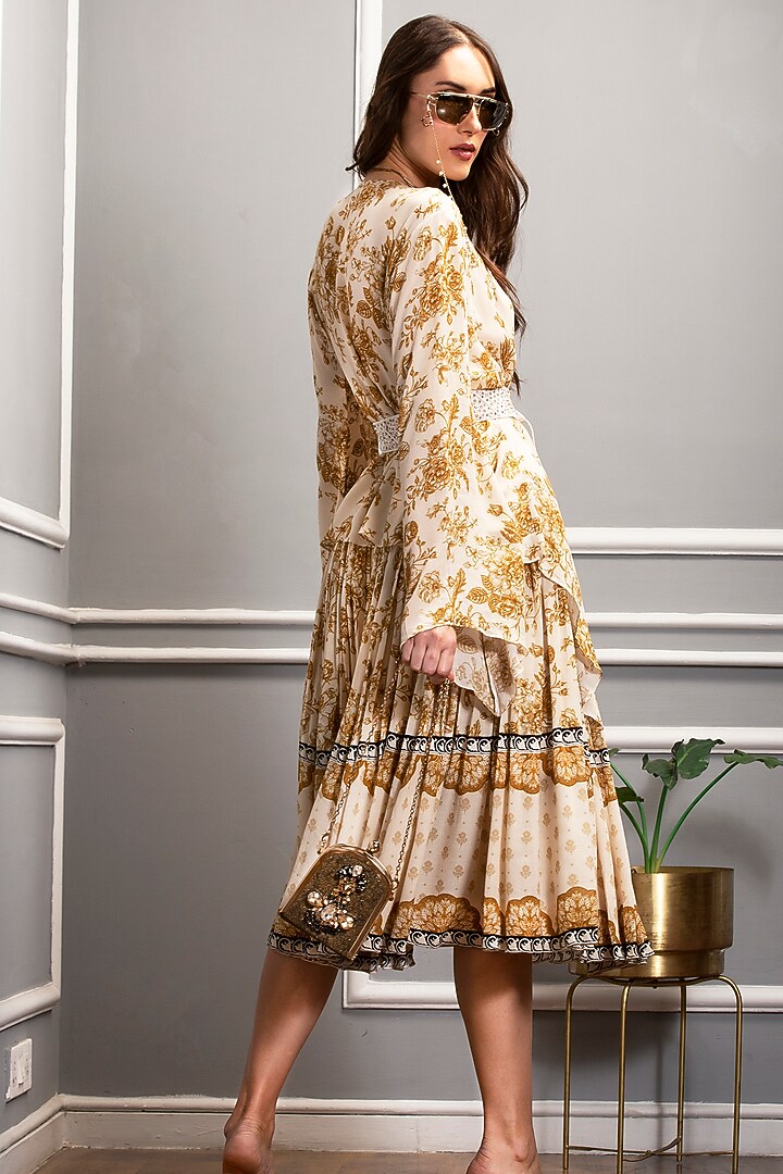 Beige Floral Printed Gathered Skirt Set by Sakshi Girri at Pernia's Pop Up Shop