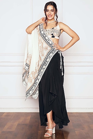  Black Crepe Printed Skirt Saree Set  by Sakshi Girri