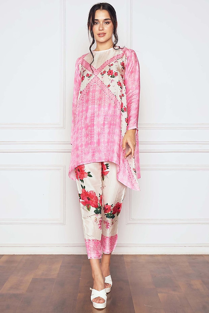 Pink Dupion Silk Floral Printed Tunic Set by Sakshi Girri