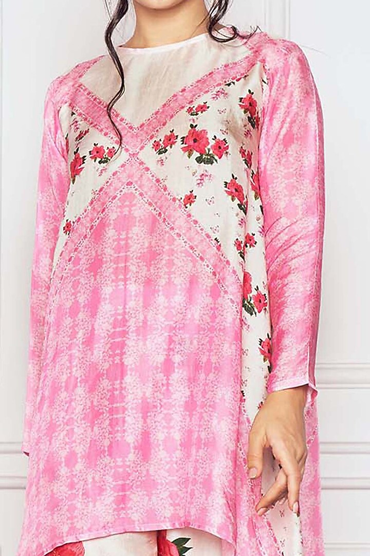 Pink Dupion Silk Floral Printed Tunic Set by Sakshi Girri at Pernia's Pop Up Shop