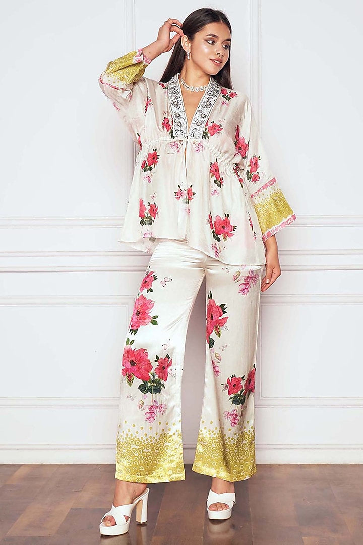 Ivory Mashru Satin Floral Printed Co-Ord Set by Sakshi Girri at Pernia's Pop Up Shop