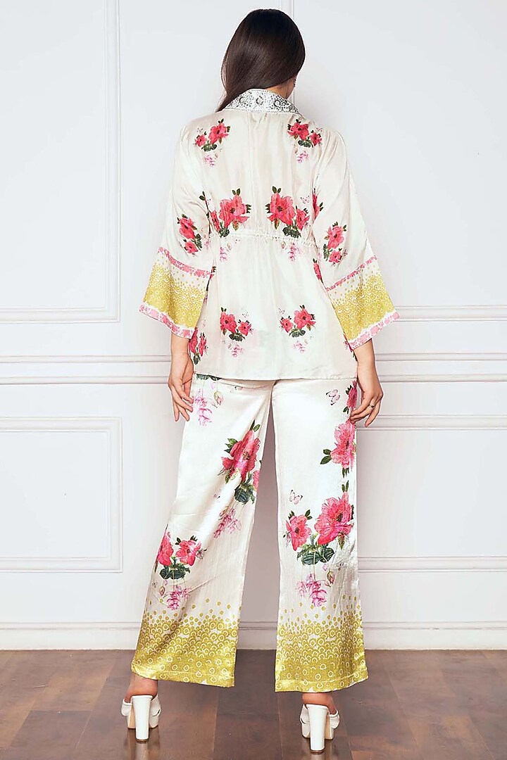 Ivory Mashru Satin Floral Printed Co-Ord Set by Sakshi Girri at Pernia's Pop Up Shop