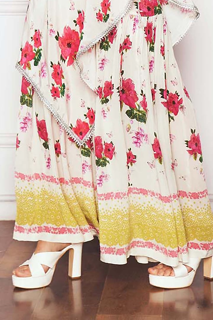 Ivory Crepe Floral Printed Party Wear Sharara Set by Sakshi Girri at Pernia's Pop Up Shop