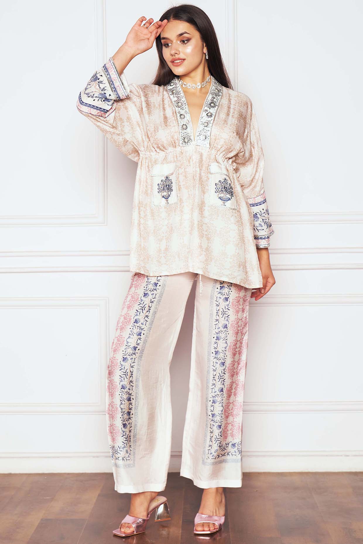 Ivory Dupion Silk Printed Co-Ord Set by Sakshi Girri at Pernia's Pop Up Shop