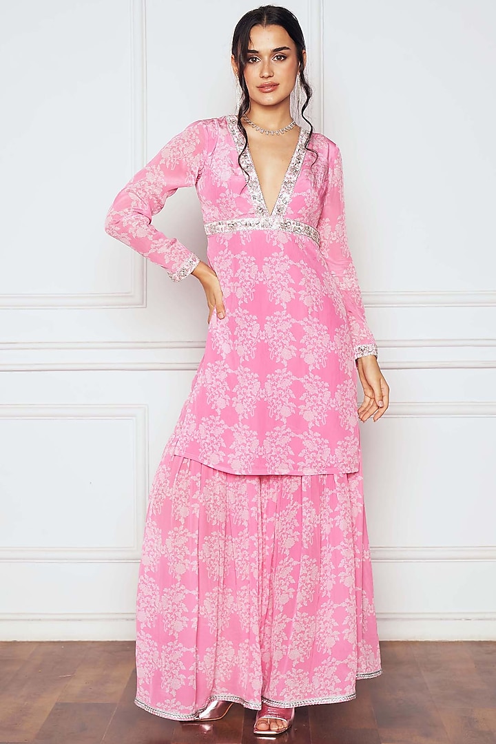 Pink Crepe Floral Printed Sharara Set by Sakshi Girri