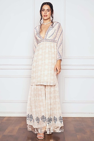 Ivory Crepe Floral Printed Sharara Set by Sakshi Girri