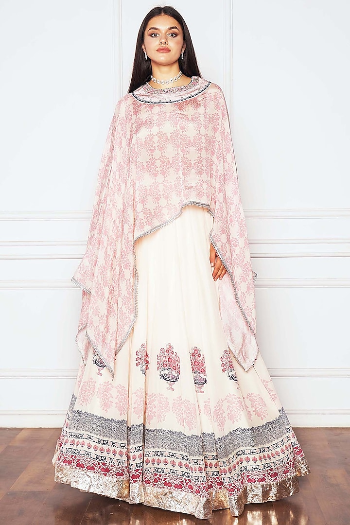 Ivory Chiffon & Crepe Motif Printed Wedding Lehenga Set by Sakshi Girri at Pernia's Pop Up Shop