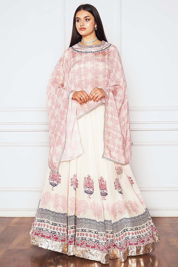 Ivory Chiffon & Crepe Motif Printed Wedding Lehenga Set by Sakshi Girri at Pernia's Pop Up Shop