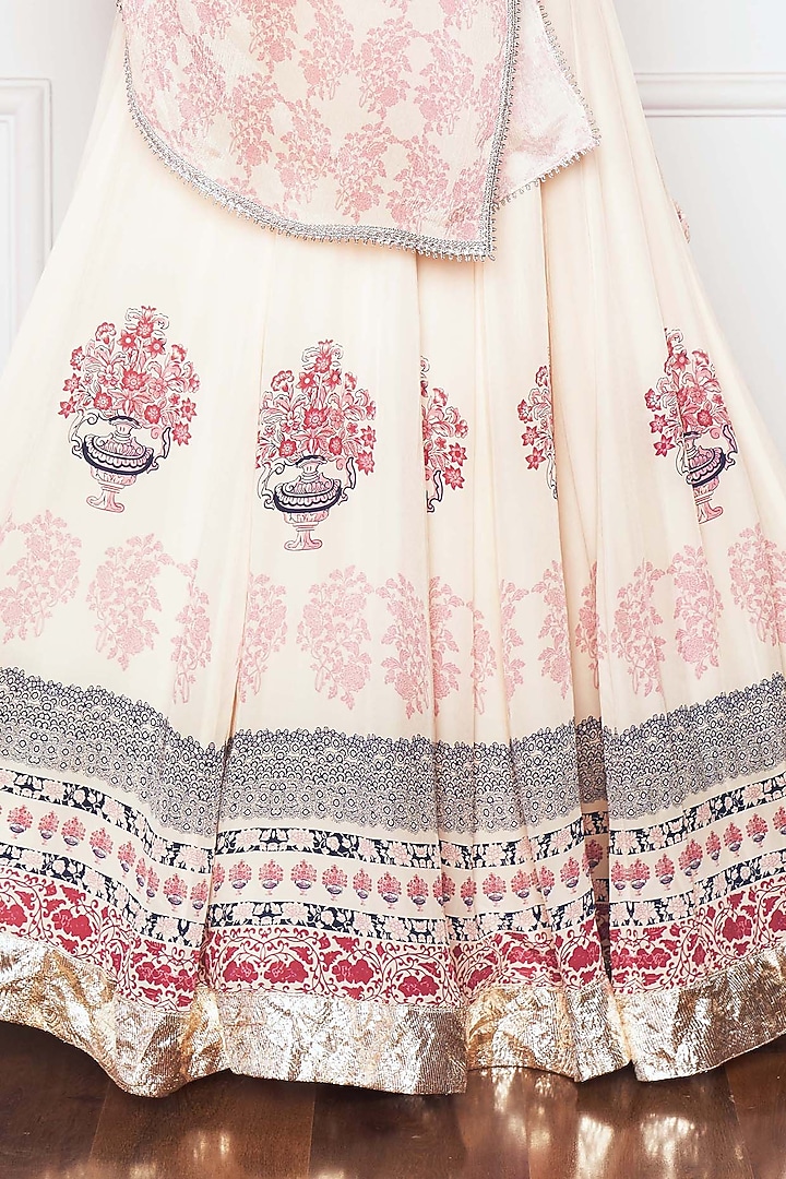 Ivory Chiffon & Crepe Motif Printed Wedding Lehenga Set by Sakshi Girri at Pernia's Pop Up Shop