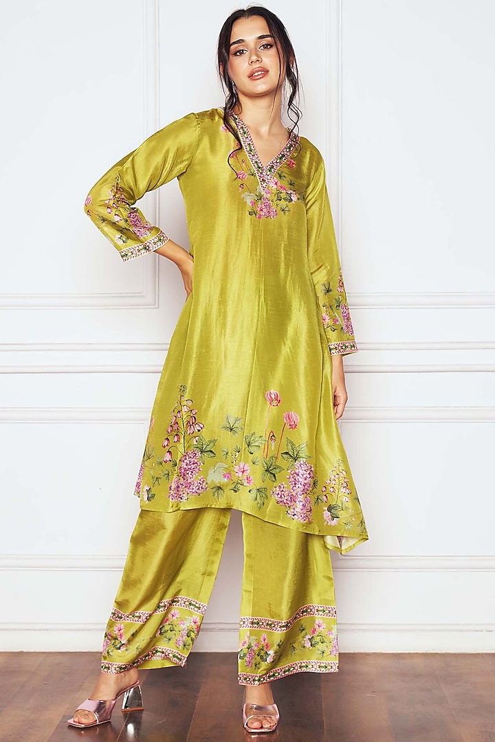 Bright Green Dupion Silk Floral Printed Kurta Set by Sakshi Girri