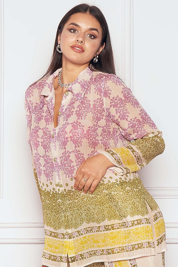 Olive Green & Mauve Georgette Printed Co-Ord Set by Sakshi Girri at Pernia's Pop Up Shop