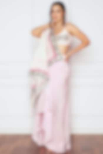 Pink Crepe Floral Printed Asymmetric Skirt Saree Set by Sakshi Girri