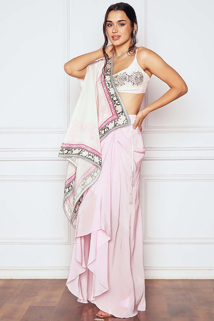 Pink Crepe Floral Printed Asymmetric Skirt Saree Set by Sakshi Girri