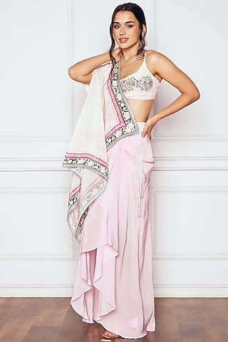 Pink Crepe Floral Printed Asymmetric Skirt Saree Set by Sakshi Girri