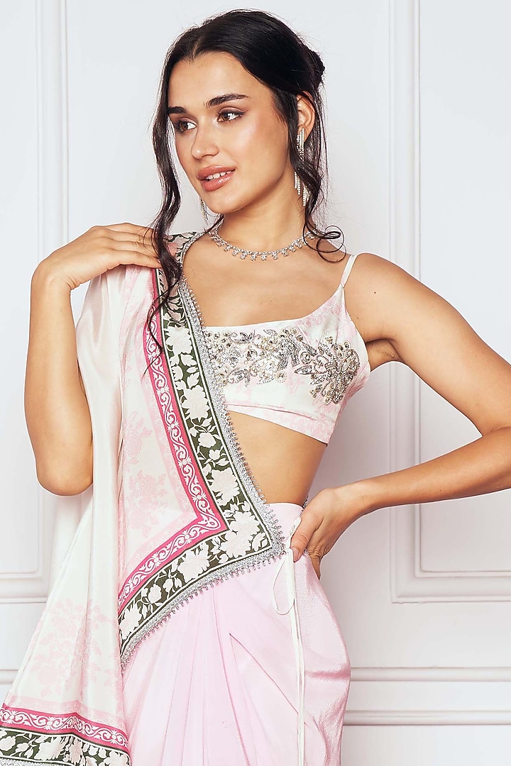 Pink Crepe Floral Printed Asymmetric Skirt Party Wear Saree Set by Sakshi Girri at Pernia's Pop Up Shop