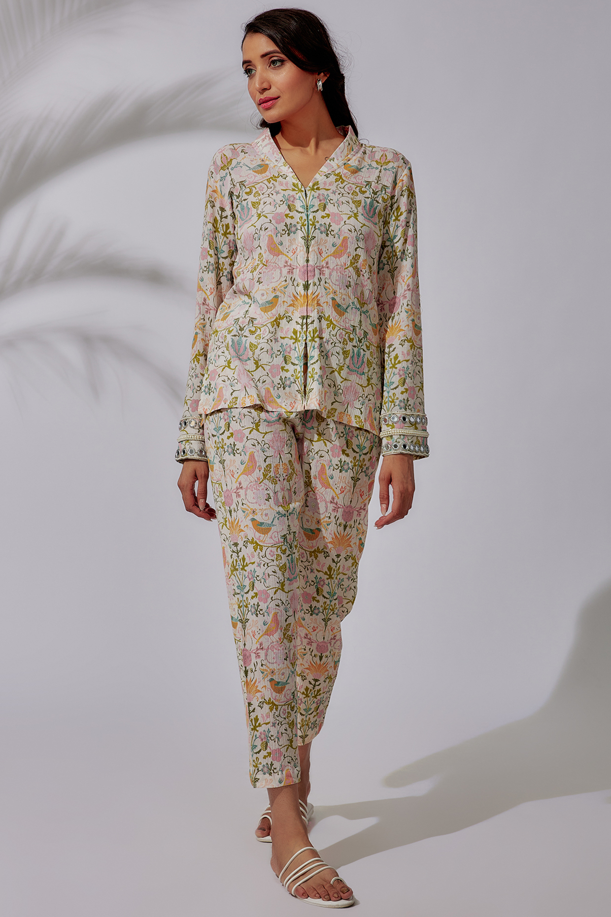 Multi-Colored Cotton Wrinkle Printed & Embellished Co-Ord Set by Sakshi Girri at Pernia's Pop Up Shop