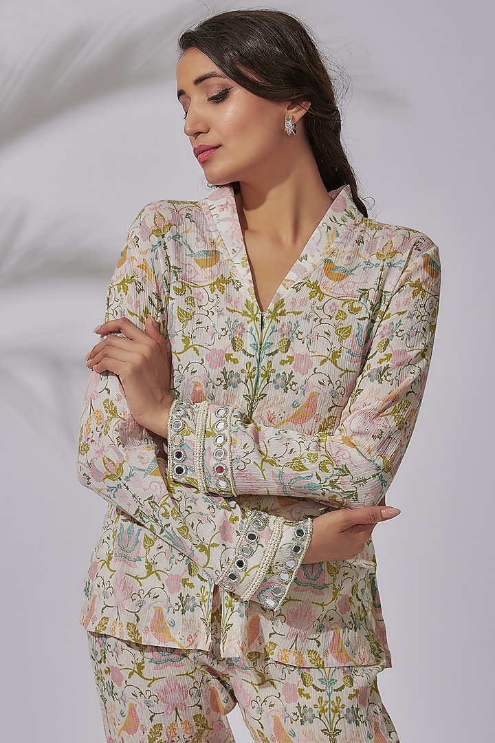 Multi-Colored Cotton Wrinkle Printed & Embellished Co-Ord Set by Sakshi Girri at Pernia's Pop Up Shop