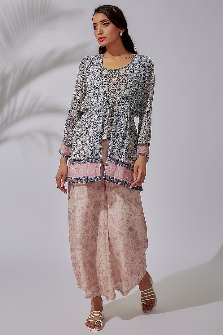 Navy Blue Georgette Floral Printed Tunic Set by Sakshi Girri at Pernia's Pop Up Shop