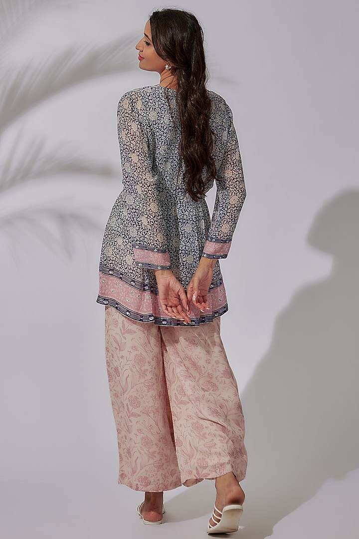 Navy Blue Georgette Floral Printed Tunic Set by Sakshi Girri at Pernia's Pop Up Shop