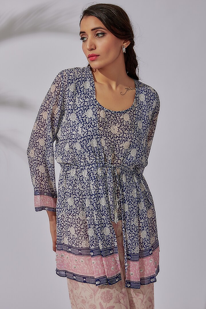 Navy Blue Georgette Floral Printed Tunic Set by Sakshi Girri at Pernia's Pop Up Shop