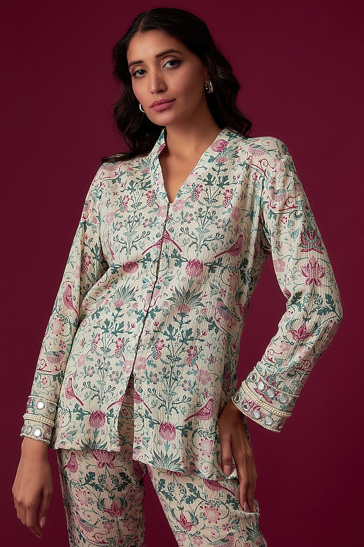 Multi-Colored Cotton Wrinkle Printed & Embellished Co-Ord Set by Sakshi Girri at Pernia's Pop Up Shop