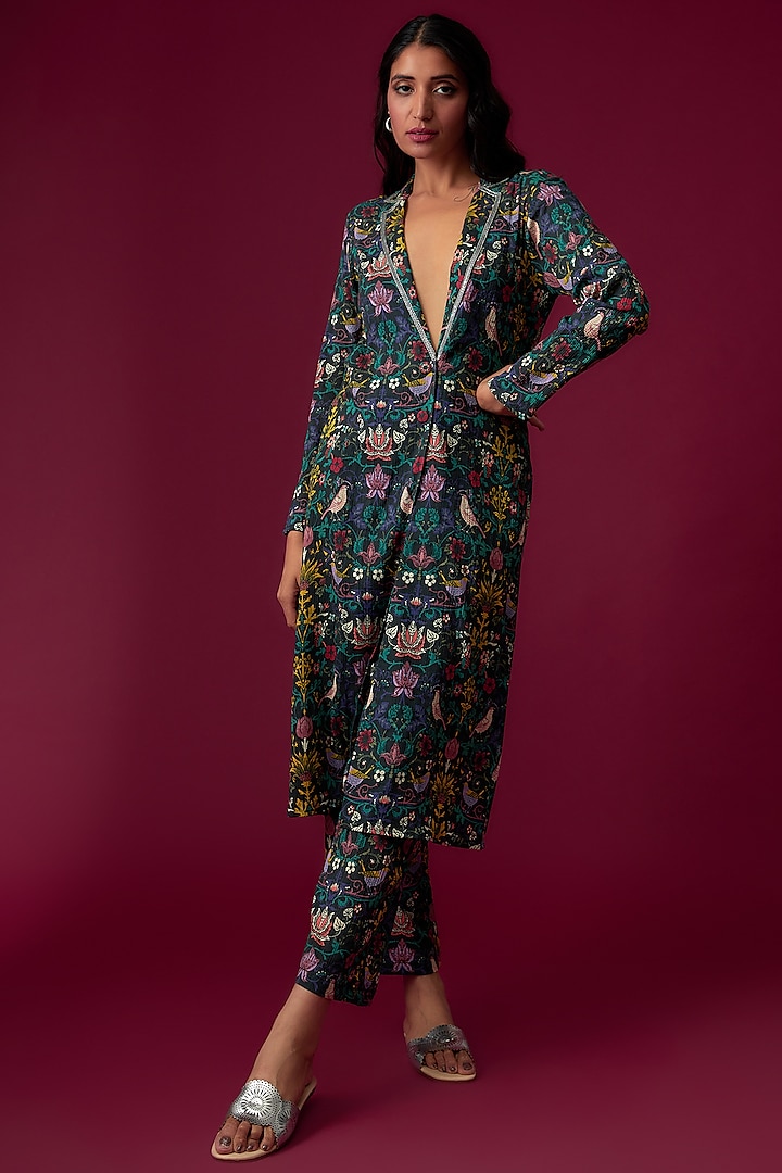 Multi-Colored Cotton Wrinkle Printed & Embroidered Long Jacket Set by Sakshi Girri