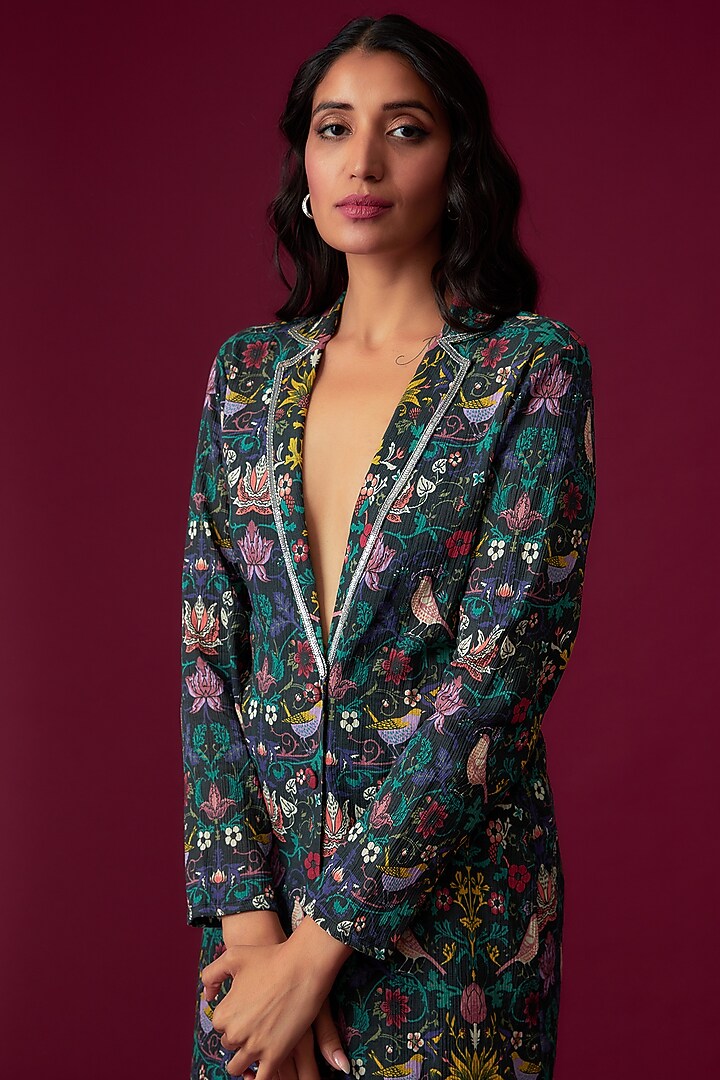 Multi-Colored Cotton Wrinkle Printed & Embroidered Long Jacket Set by Sakshi Girri at Pernia's Pop Up Shop