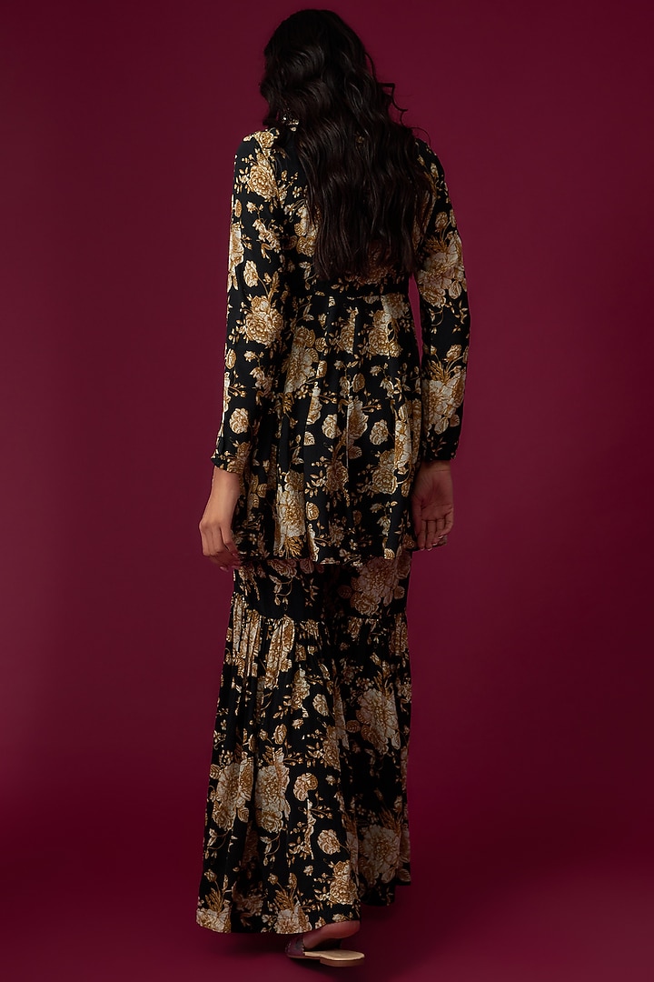 Black & Golden Natural Crepe Printed Party Wear Sharara Set by Sakshi Girri at Pernia's Pop Up Shop