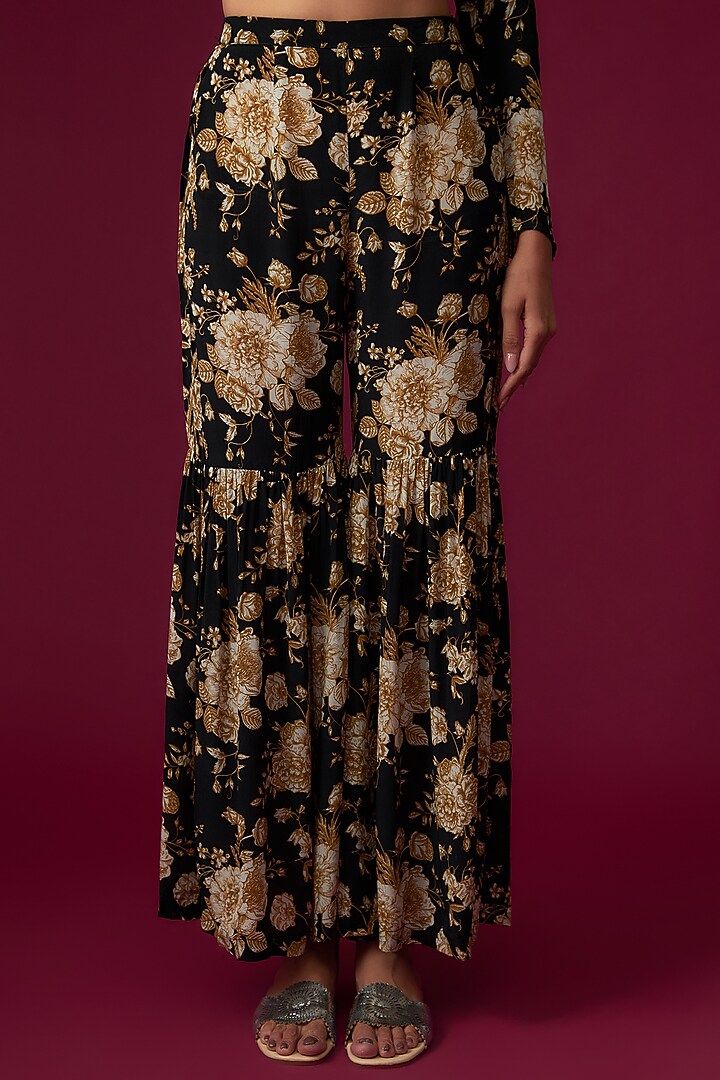 Black & Golden Natural Crepe Printed Party Wear Sharara Set by Sakshi Girri at Pernia's Pop Up Shop
