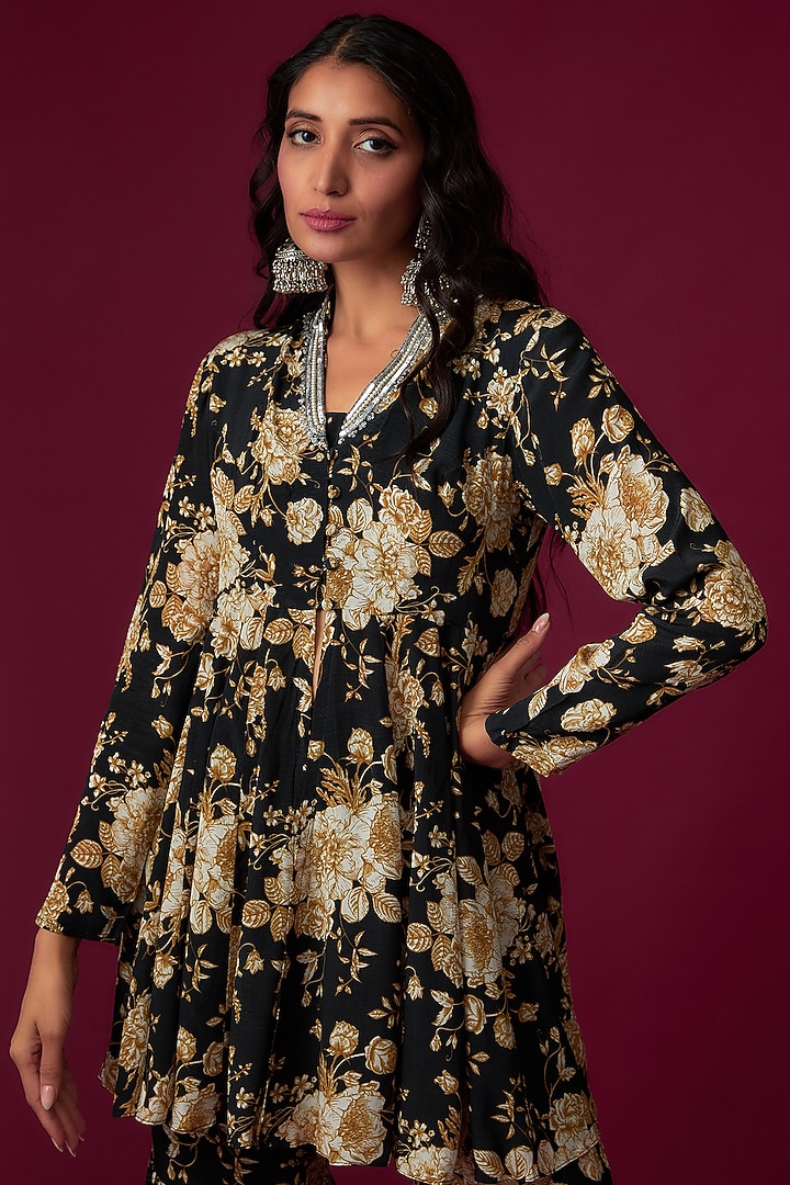 Black & Golden Natural Crepe Printed Party Wear Sharara Set by Sakshi Girri at Pernia's Pop Up Shop