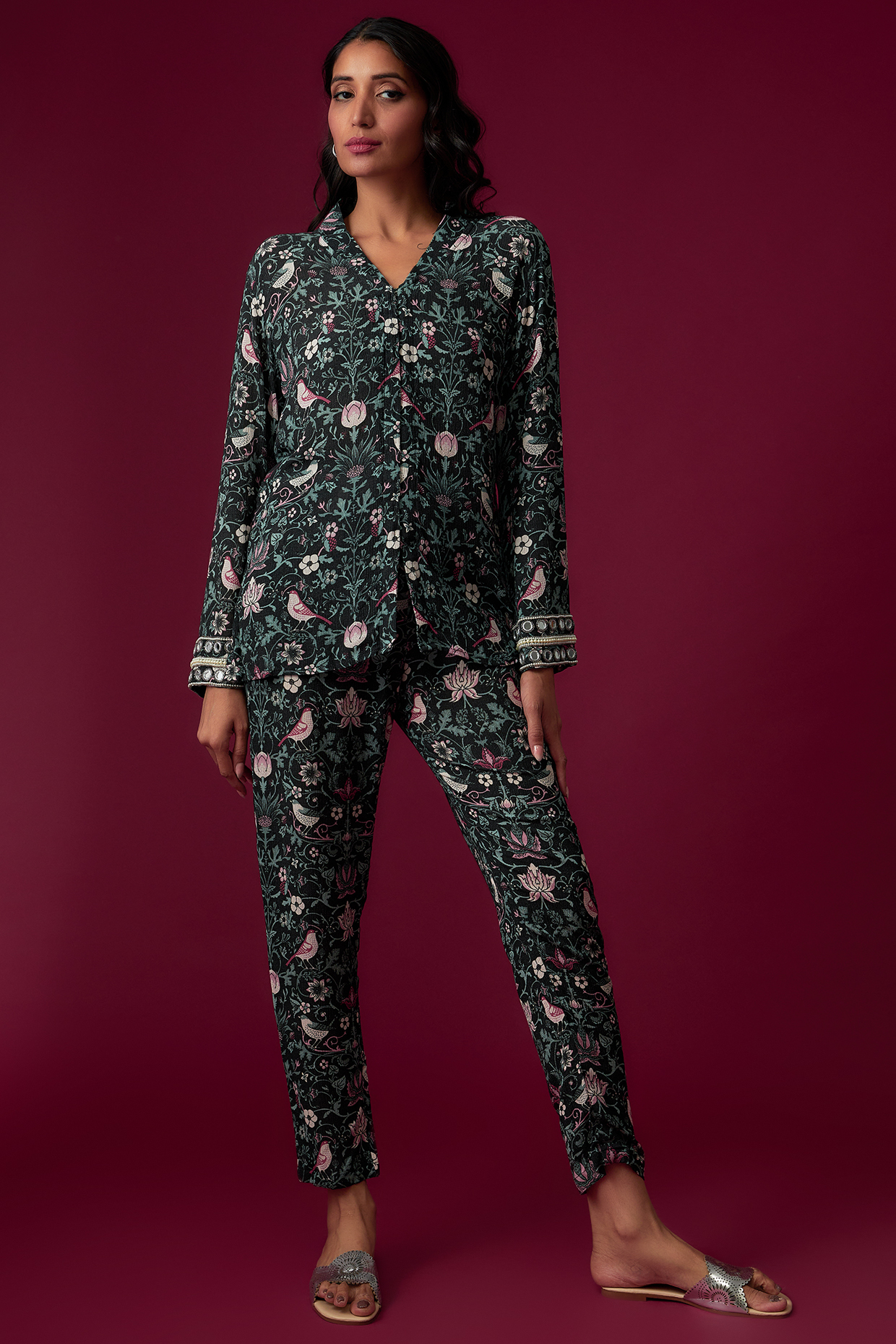 Multi-Colored Cotton Wrinkle Printed & Embellished Co-Ord Set by Sakshi Girri at Pernia's Pop Up Shop