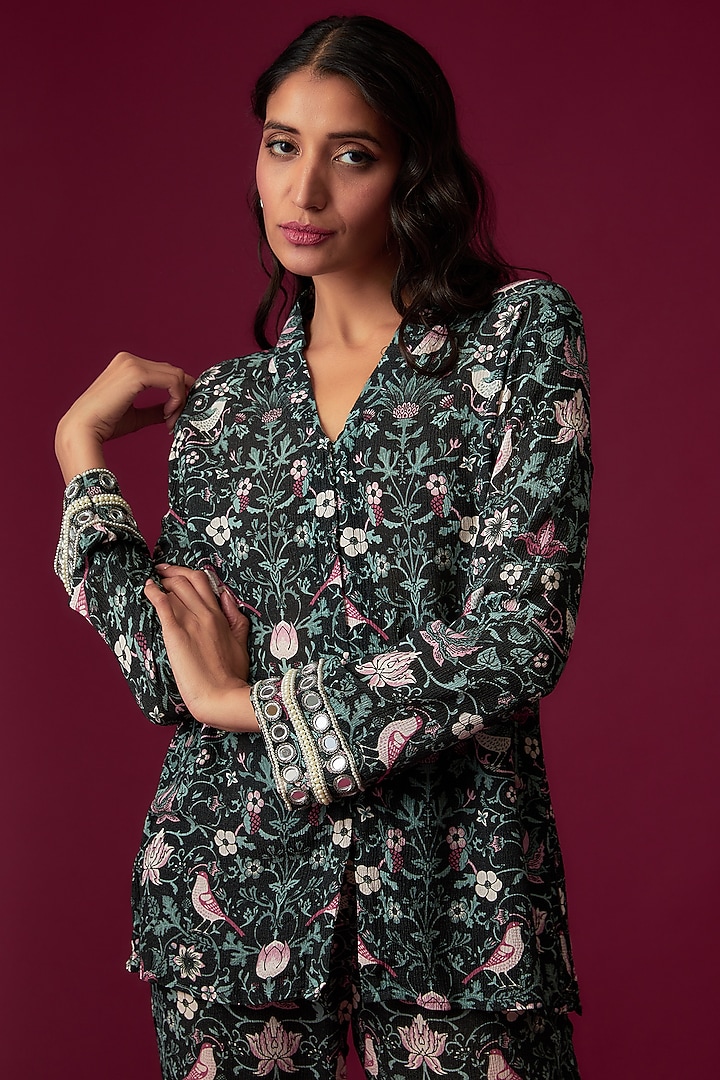 Multi-Colored Cotton Wrinkle Printed & Embellished Co-Ord Set by Sakshi Girri at Pernia's Pop Up Shop