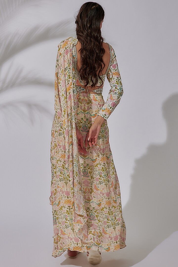 Multi-Colored Chiffon Printed Pre-Draped Party Wear Saree Set by Sakshi Girri at Pernia's Pop Up Shop