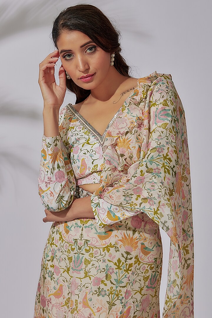 Multi-Colored Chiffon Printed Pre-Draped Party Wear Saree Set by Sakshi Girri at Pernia's Pop Up Shop