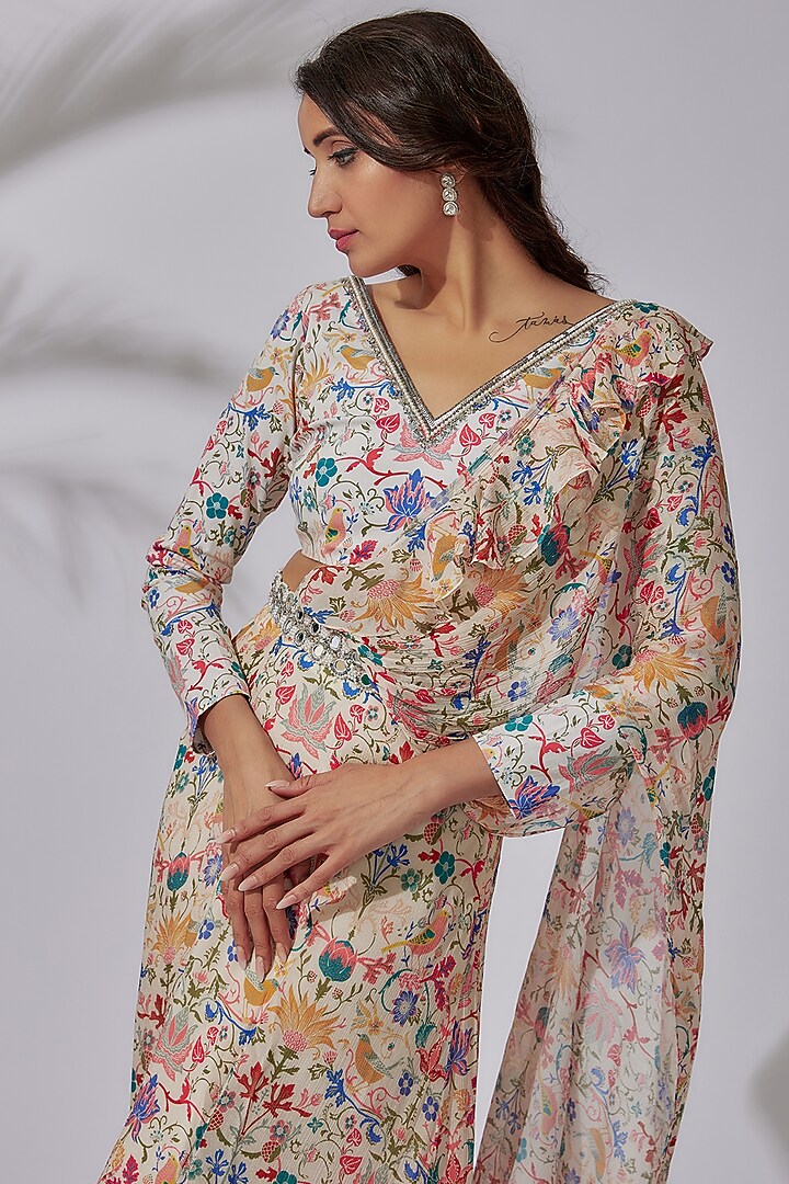 Multi-Colored Chiffon Printed Pre-Draped Party Wear Saree Set by Sakshi Girri at Pernia's Pop Up Shop