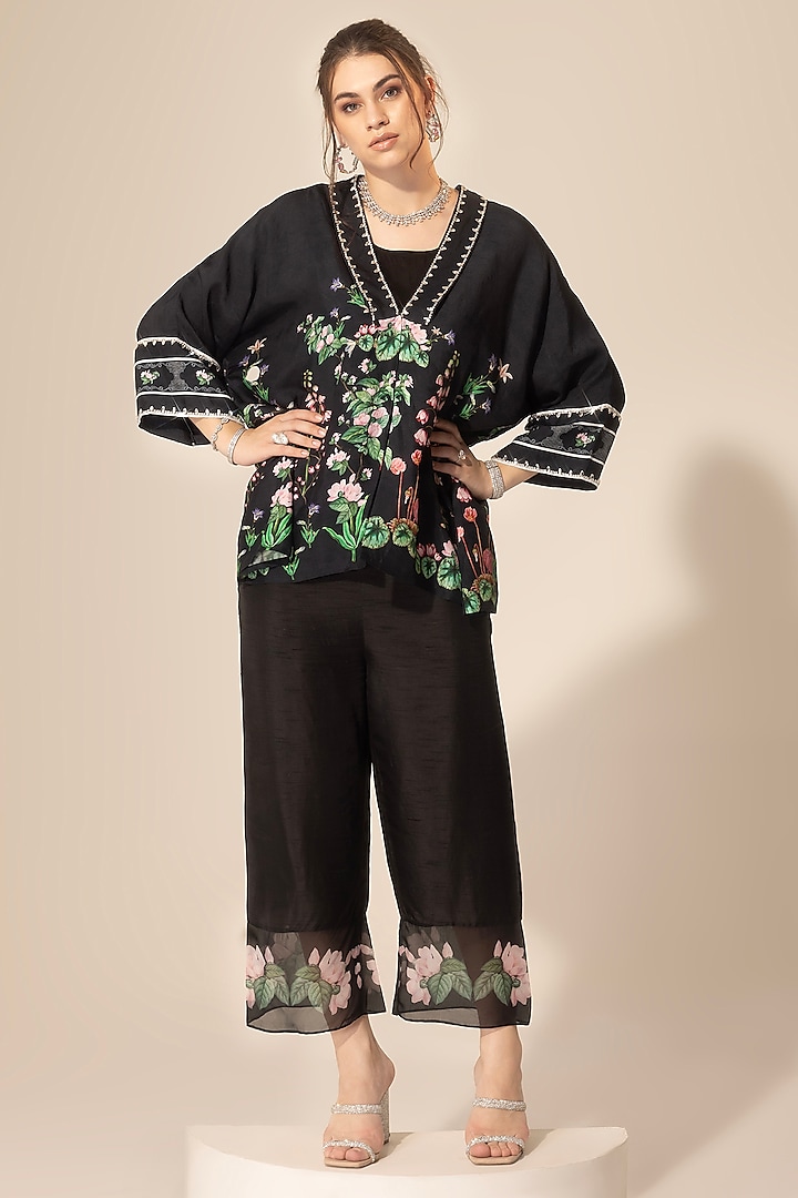 Black Viscose Organza Botanical Printed & Embellished Kaftan Set by Sakshi Girri at Pernia's Pop Up Shop